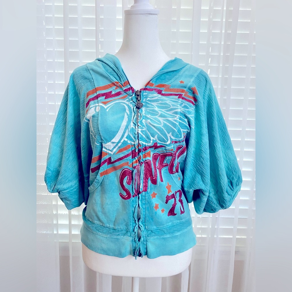 NWOT SINFUL by AFFLICTION ZIP UP HOODIE BUBBLE HALF SLEEVES CASUAL BLUE SZ SMALL